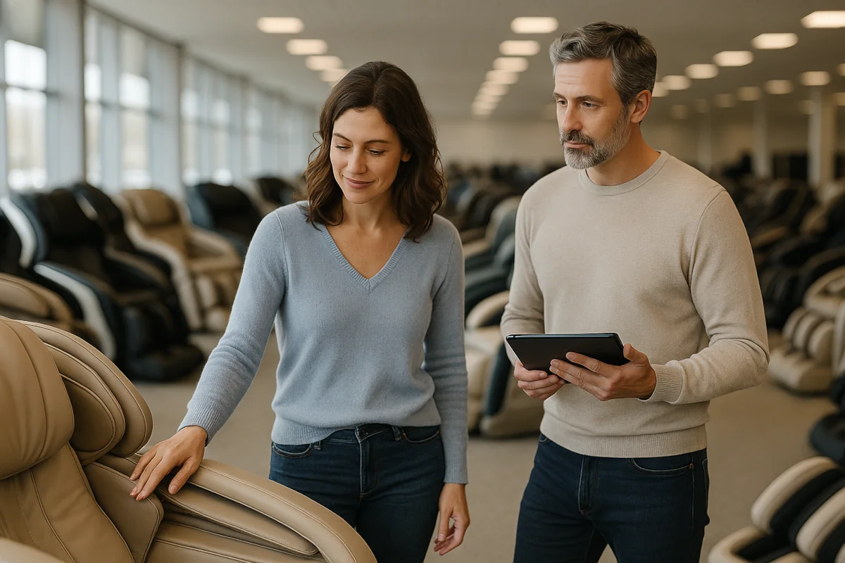 Couple examinant un fauteuil de massage futuriste dans un grand showroom, l’homme tenant une tablette